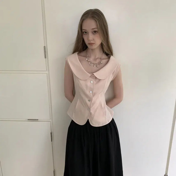 [BUNJANG] DOKNOWZERO Pink Round Collar Slim Suit Half Sleeve Shirt / DOKNOWZERO 블라우스 핑크 둥근칼라 슬림 수트 반팔 셔츠