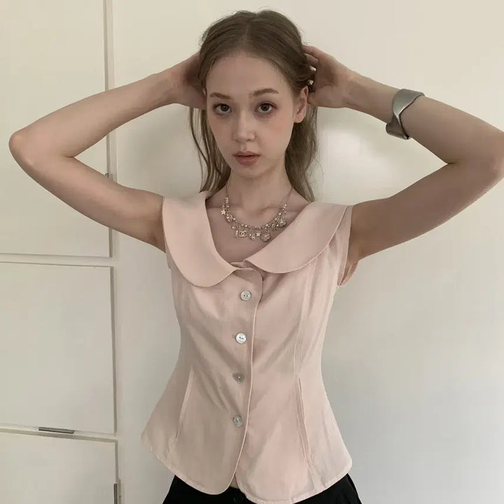 [BUNJANG] DOKNOWZERO Pink Round Collar Slim Suit Half Sleeve Shirt / DOKNOWZERO 블라우스 핑크 둥근칼라 슬림 수트 반팔 셔츠
