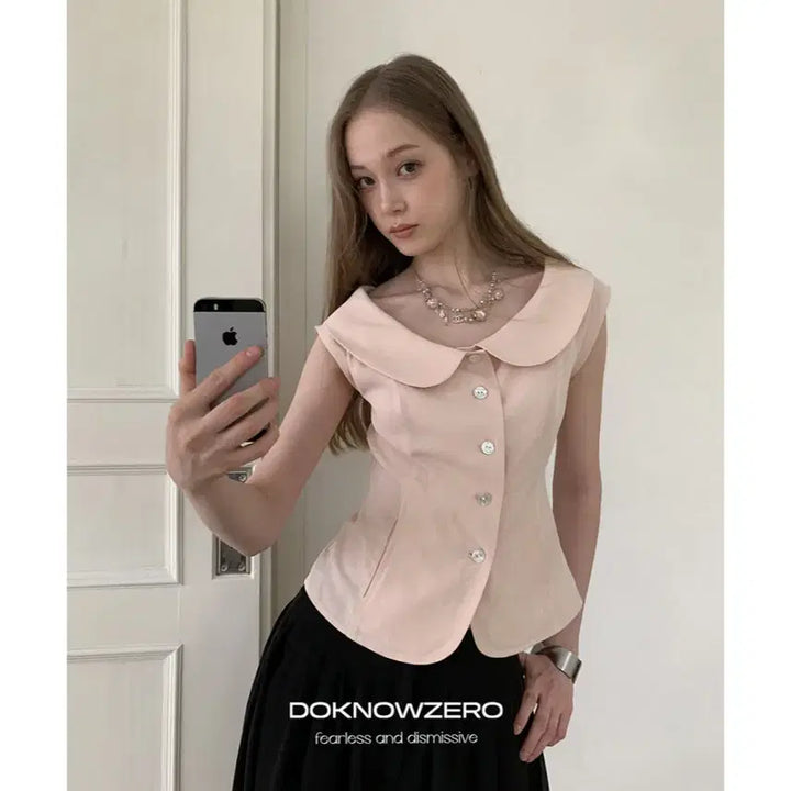 [BUNJANG] DOKNOWZERO Pink Round Collar Slim Suit Half Sleeve Shirt / DOKNOWZERO 블라우스 핑크 둥근칼라 슬림 수트 반팔 셔츠