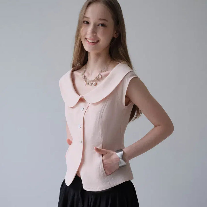 [BUNJANG] DOKNOWZERO Pink Round Collar Slim Suit Half Sleeve Shirt / DOKNOWZERO 블라우스 핑크 둥근칼라 슬림 수트 반팔 셔츠