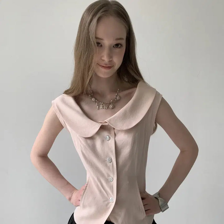 [BUNJANG] DOKNOWZERO Pink Round Collar Slim Suit Half Sleeve Shirt / DOKNOWZERO 블라우스 핑크 둥근칼라 슬림 수트 반팔 셔츠