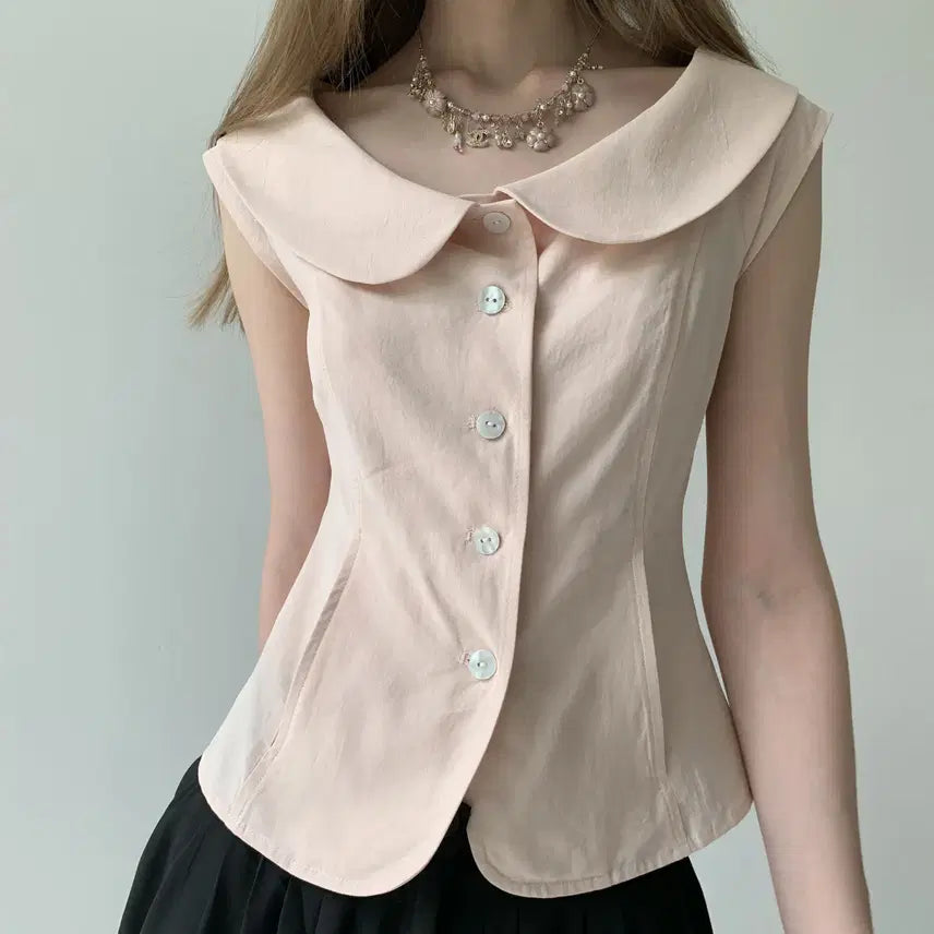 [BUNJANG] DOKNOWZERO Pink Round Collar Slim Suit Half Sleeve Shirt / DOKNOWZERO 블라우스 핑크 둥근칼라 슬림 수트 반팔 셔츠