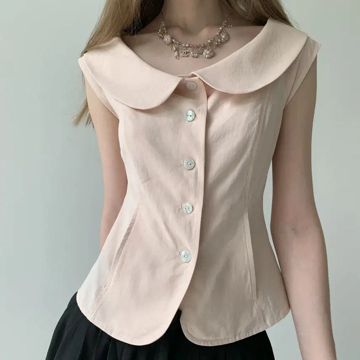 [BUNJANG] DOKNOWZERO Pink Round Collar Slim Suit Half Sleeve Shirt / DOKNOWZERO 블라우스 핑크 둥근칼라 슬림 수트 반팔 셔츠