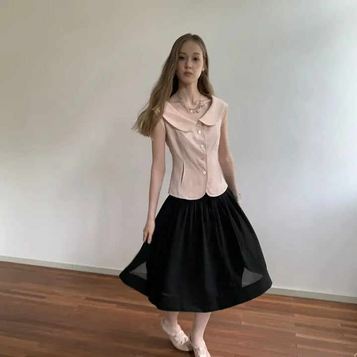 [BUNJANG] DOKNOWZERO Pink Round Collar Slim Suit Half Sleeve Shirt / DOKNOWZERO 블라우스 핑크 둥근칼라 슬림 수트 반팔 셔츠
