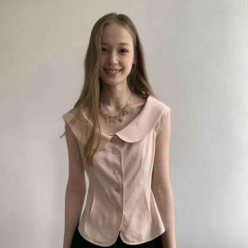[BUNJANG] DOKNOWZERO Pink Round Collar Slim Suit Half Sleeve Shirt / DOKNOWZERO 블라우스 핑크 둥근칼라 슬림 수트 반팔 셔츠