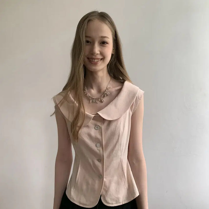 [BUNJANG] DOKNOWZERO Pink Round Collar Slim Suit Half Sleeve Shirt / DOKNOWZERO 블라우스 핑크 둥근칼라 슬림 수트 반팔 셔츠
