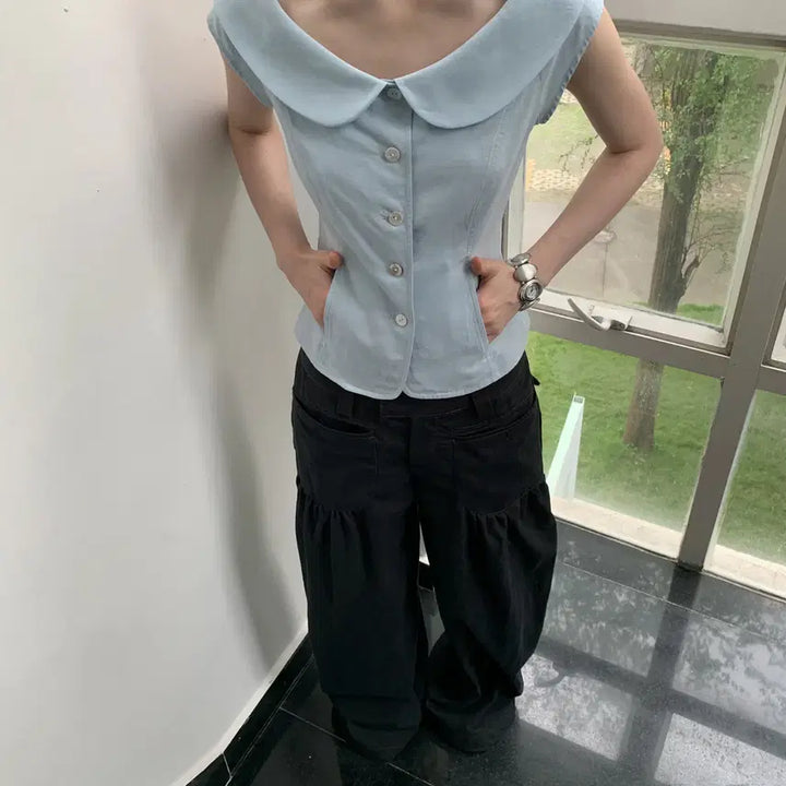 [BUNJANG] DOKNOWZERO Blue Slim Suit Blouse / DOKNOWZERO 블라우스 블루 둥근칼라 슬림 수트 반팔 셔츠