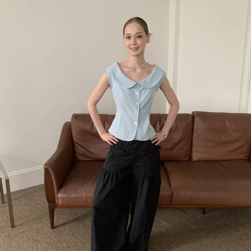 [BUNJANG] DOKNOWZERO Blue Slim Suit Blouse / DOKNOWZERO 블라우스 블루 둥근칼라 슬림 수트 반팔 셔츠