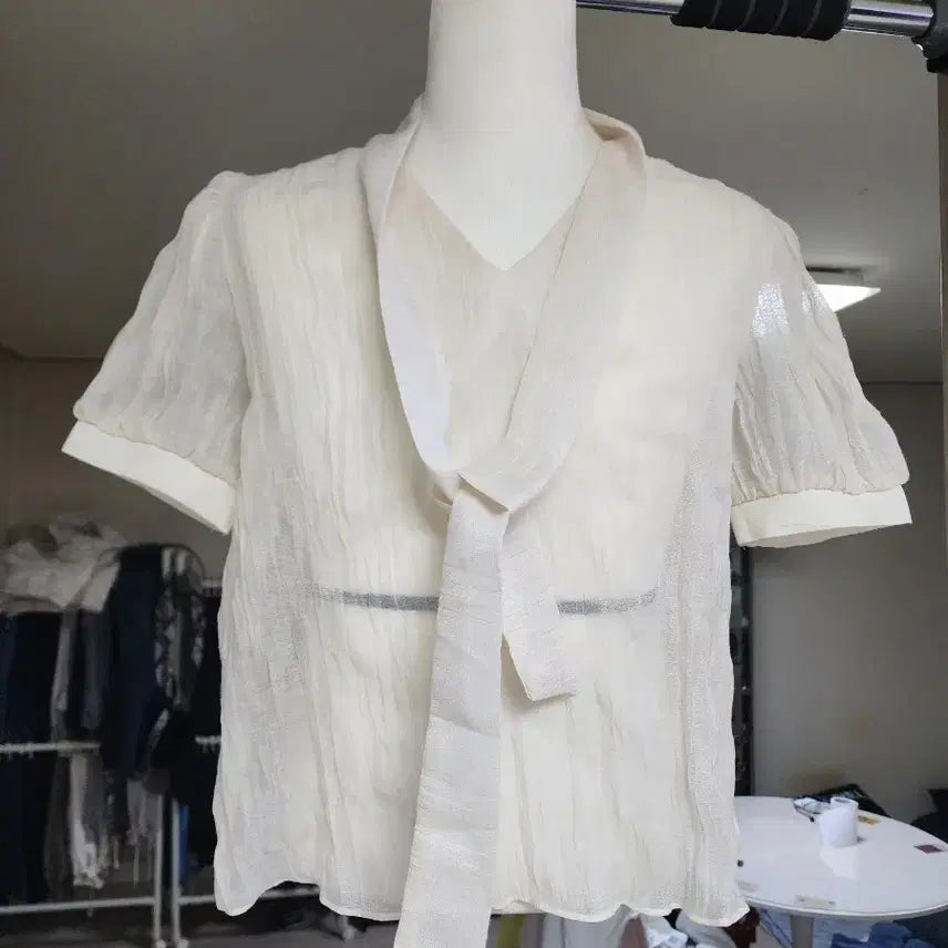 [BUNJANG] See-through Puff Sleeve Ribbon Blouse / 시스루 퍼프 리본 블라우스