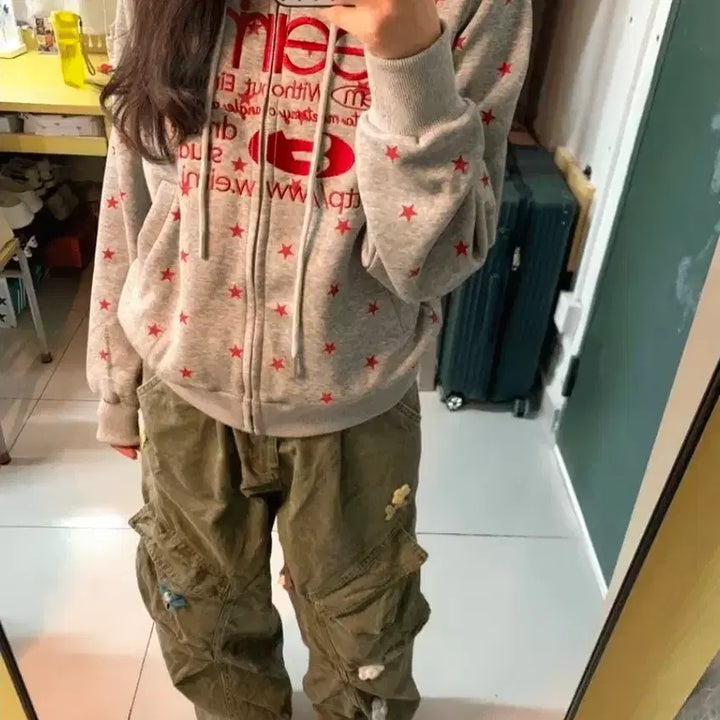 [BUNJANG] Star Pattern Lettering Daily Point Hooded Zip-up / [M-XL]별패턴 레터링 데일리 포인트 후드 집업