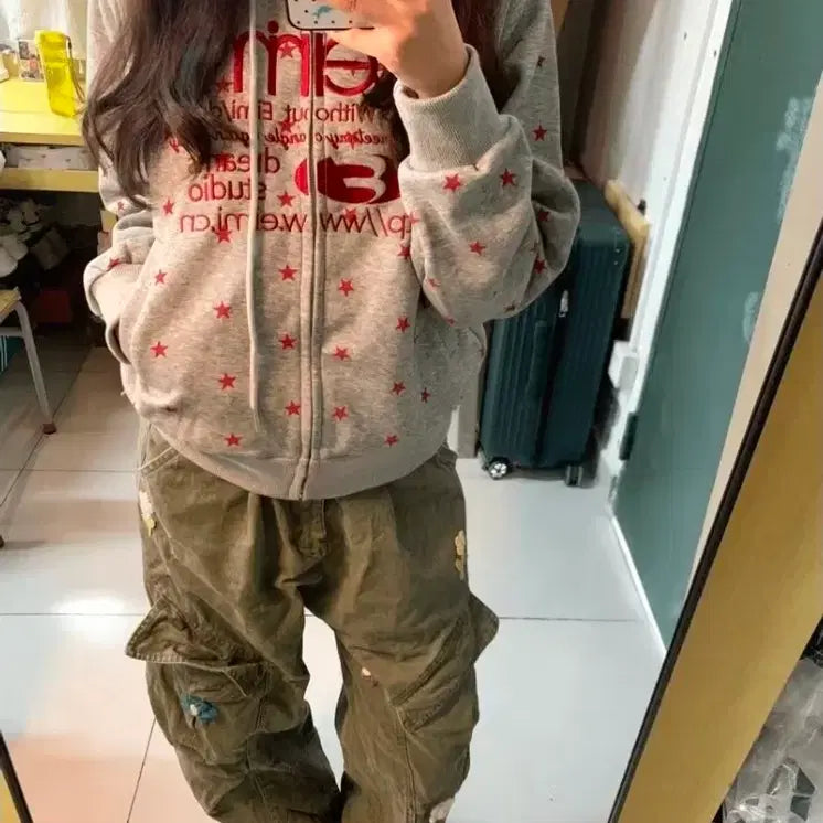 [BUNJANG] Star Pattern Lettering Daily Point Hooded Zip-up / [M-XL]별패턴 레터링 데일리 포인트 후드 집업