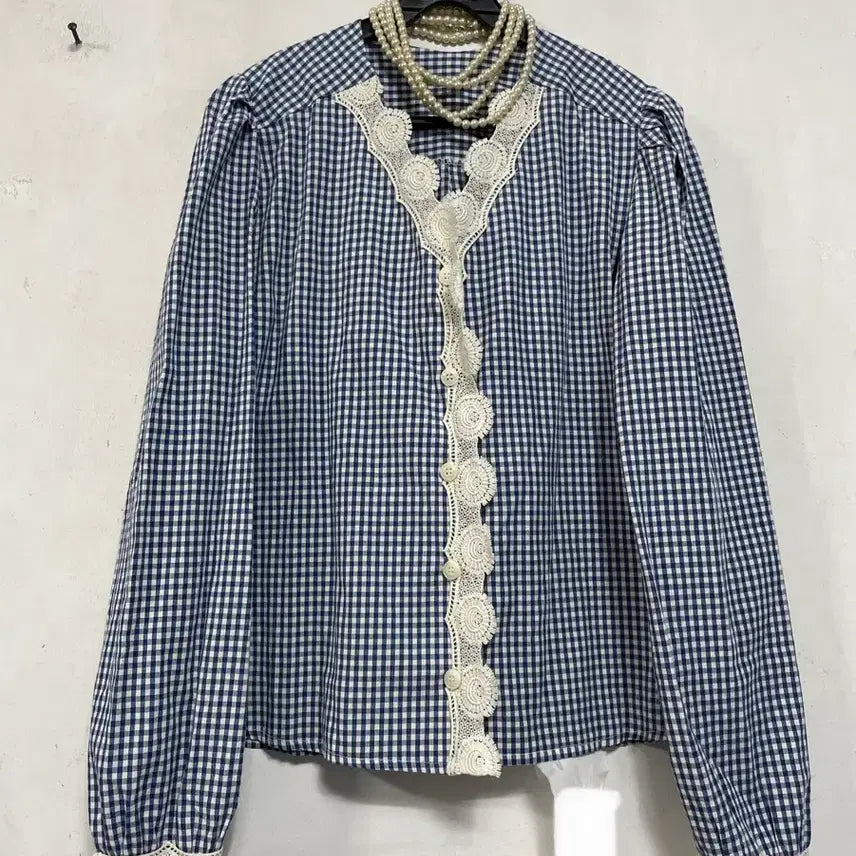 [BUNJANG] N6170 Lace-Trim Check Blouse / 특가새)N6170 레이스배색 체크 블라우스.퍼프