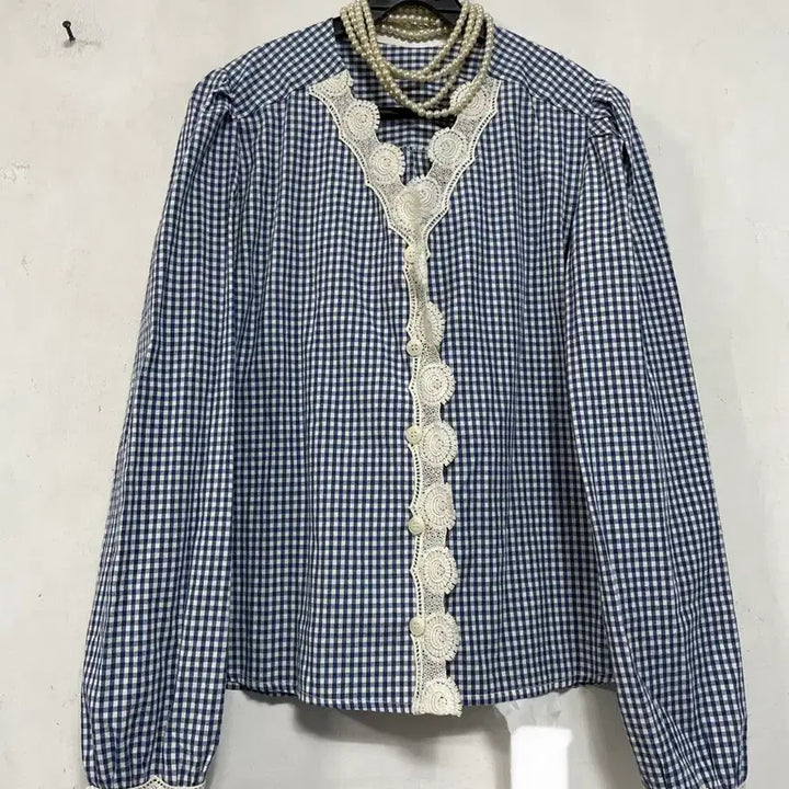 [BUNJANG] N6170 Lace-Trim Check Blouse / 특가새)N6170 레이스배색 체크 블라우스.퍼프