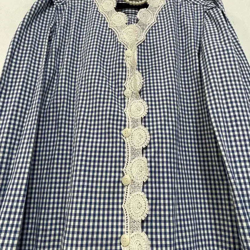 [BUNJANG] N6170 Lace-Trim Check Blouse / 특가새)N6170 레이스배색 체크 블라우스.퍼프