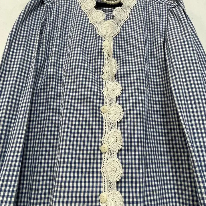 [BUNJANG] N6170 Lace-Trim Check Blouse / 특가새)N6170 레이스배색 체크 블라우스.퍼프
