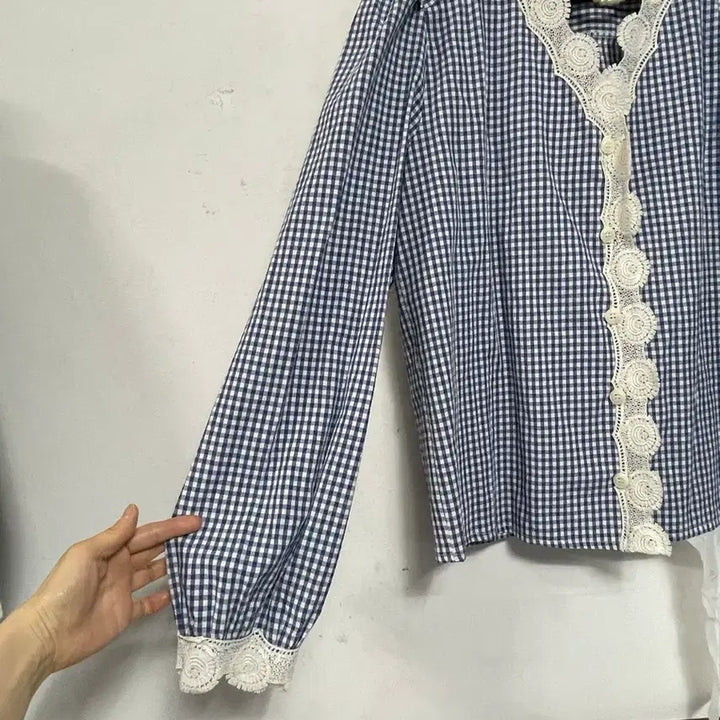 [BUNJANG] N6170 Lace-Trim Check Blouse / 특가새)N6170 레이스배색 체크 블라우스.퍼프