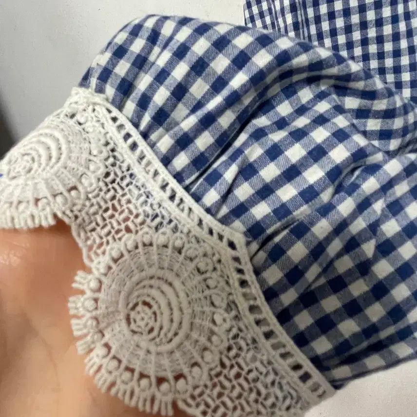 [BUNJANG] N6170 Lace-Trim Check Blouse / 특가새)N6170 레이스배색 체크 블라우스.퍼프