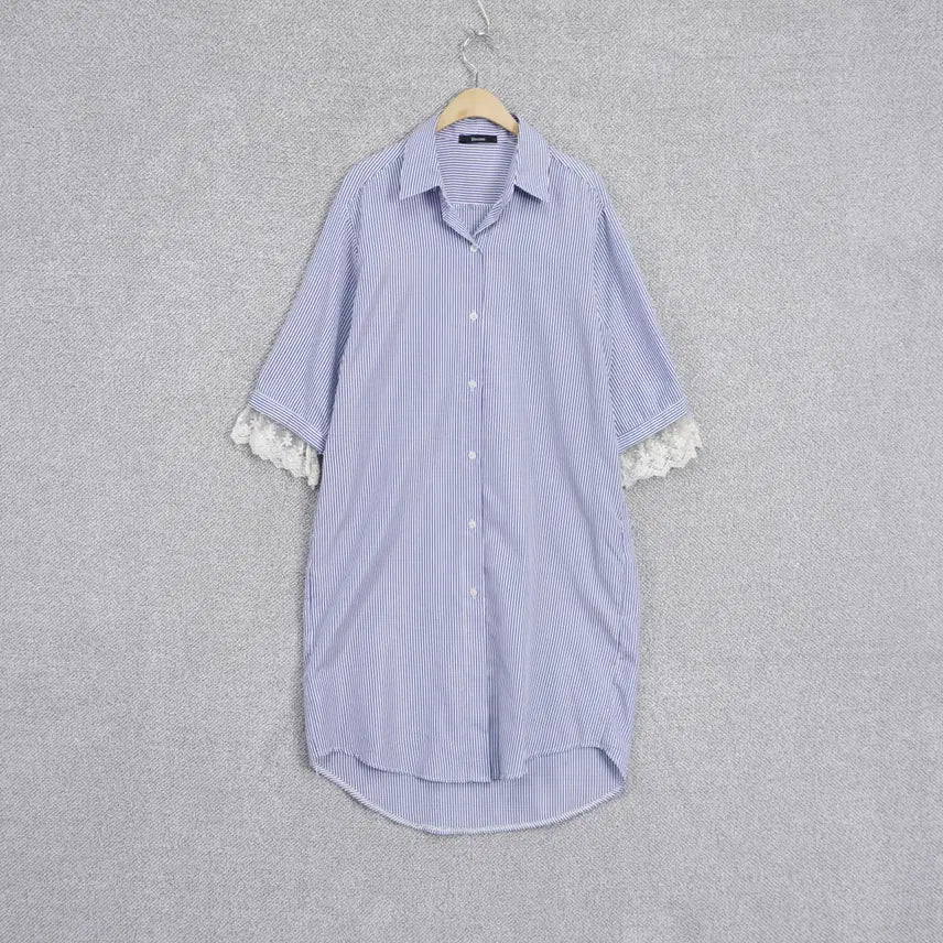 [BUNJANG] Blouson Lace-Trimmed Stripe Shirt Dress / Blouson 레이스배색 스트라이프 셔츠 원피스 free
