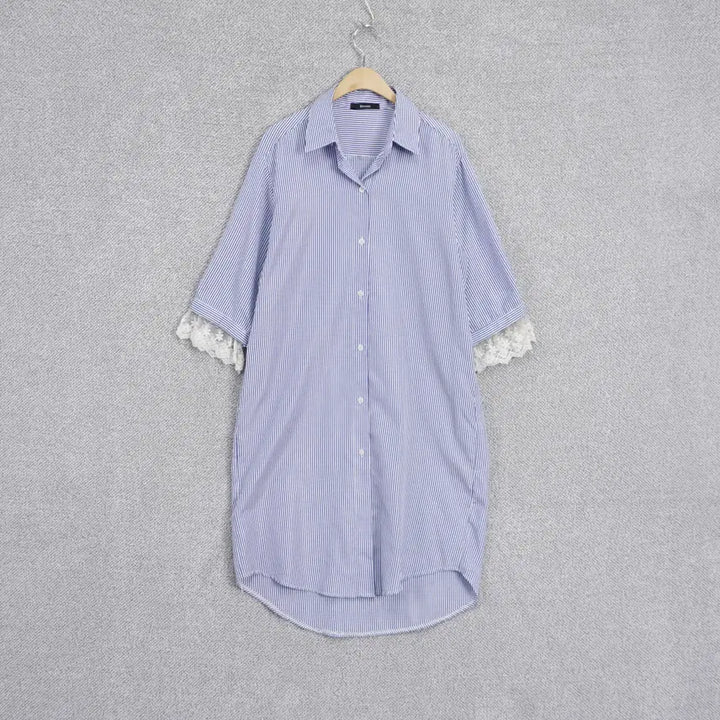 [BUNJANG] Blouson Lace-Trimmed Stripe Shirt Dress / Blouson 레이스배색 스트라이프 셔츠 원피스 free
