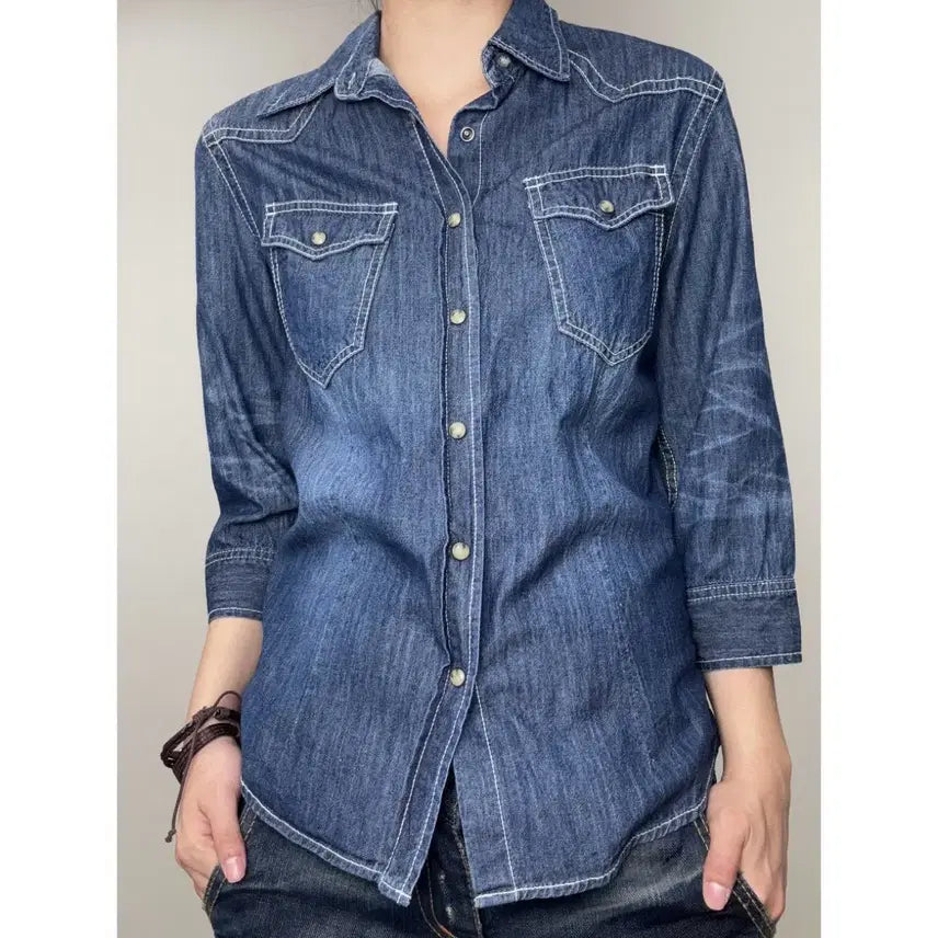 [BUNJANG] JUNGLE STORM Vintage Denim Western Shirt / 일본빈티지 중청 진청 데님 웨스턴 셔츠