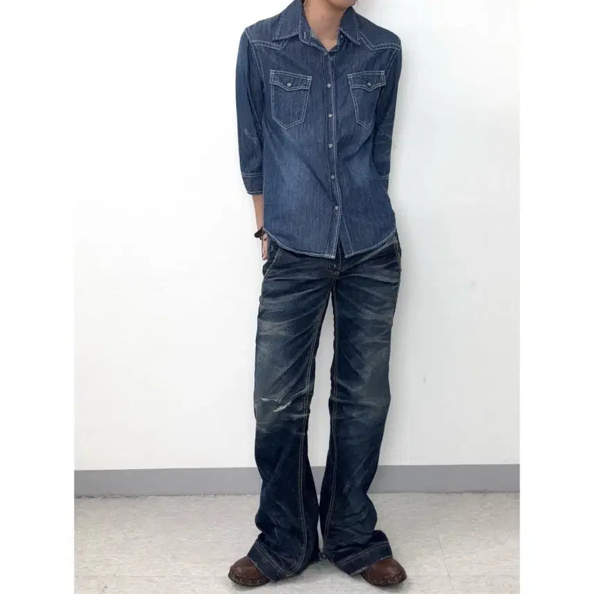 [BUNJANG] JUNGLE STORM Vintage Denim Western Shirt / 일본빈티지 중청 진청 데님 웨스턴 셔츠