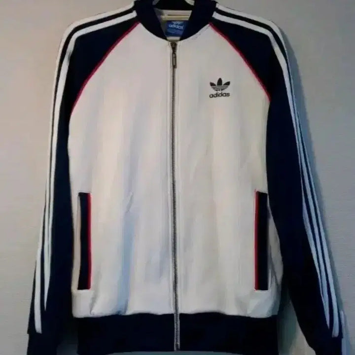 [BUNJANG] Adidas White Navy Track Top Jersey Zip-up (Size L) / 아디다스 화이트 네이비 트랙탑 저지 져지집업 100/L