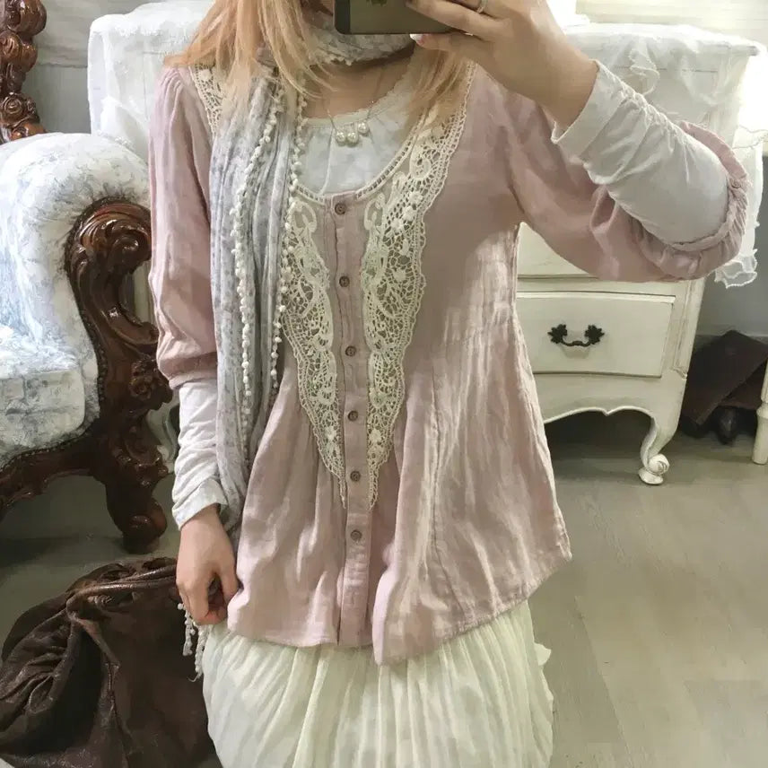 [BUNJANG] Vintage Mori Lace Blouse / 일본빈티지 핑크 모리 레이스 블라우스