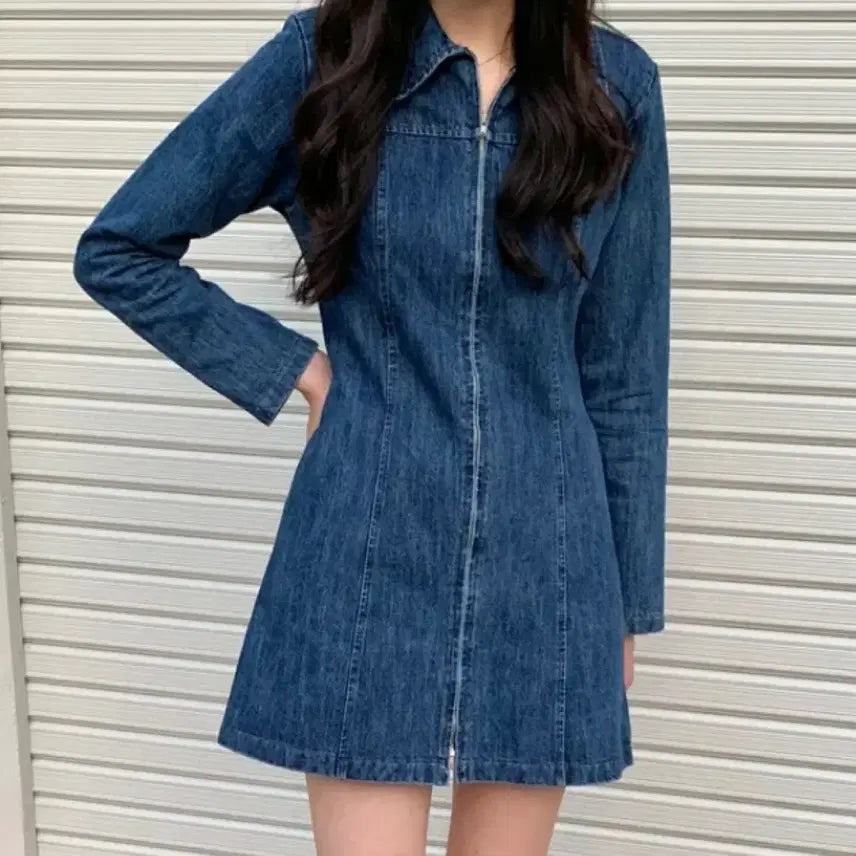 [BUNJANG] 데님 스티치 지퍼 카라 긴팔 미니원피스 / 데님 스티치 지퍼 카라 긴팔 미니원피스