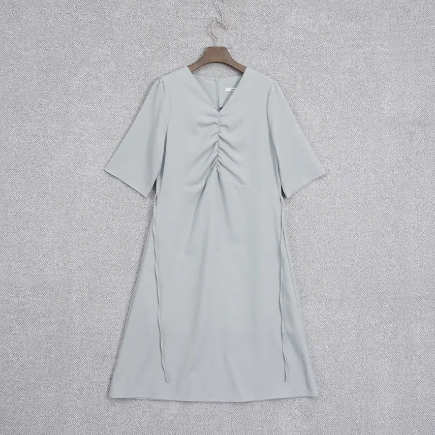 [BUNJANG] Perbit Shirred A-Line Belted Dress / Perbit 여성 셔링 A라인 5부 벨트 원피스 free