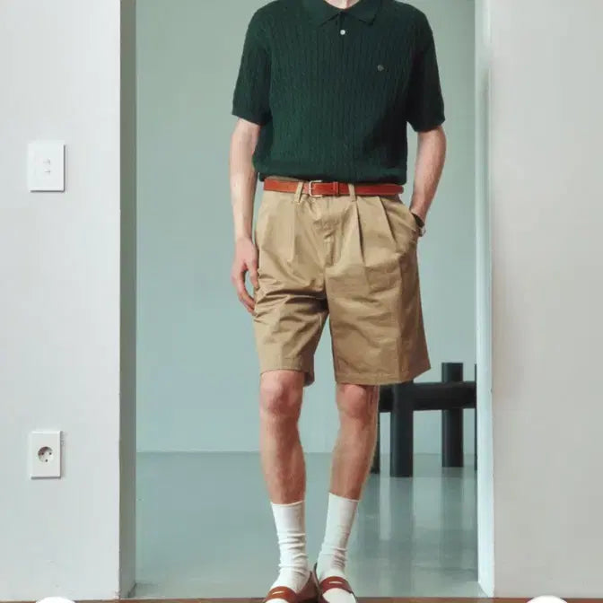 [BUNJANG] Mergo Cable Collar Short-Sleeve Knit Top / 메르고 케이블 카라 반팔 니트 에버그린 XL
