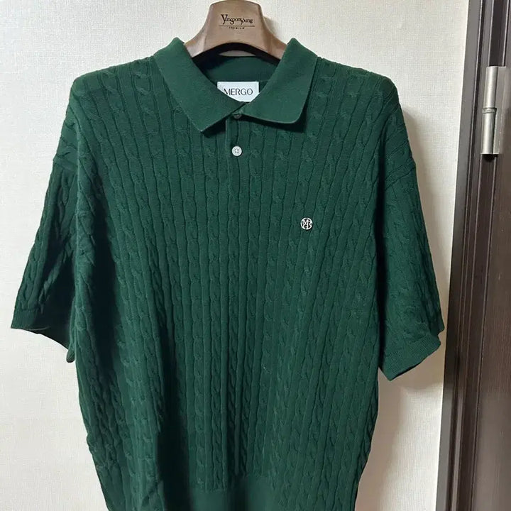 [BUNJANG] Mergo Cable Collar Short-Sleeve Knit Top / 메르고 케이블 카라 반팔 니트 에버그린 XL