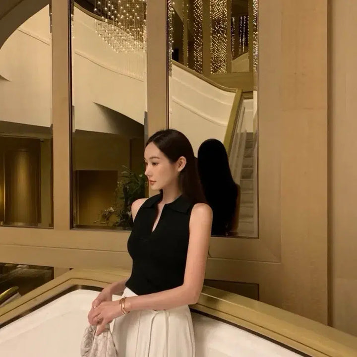 [BUNJANG] [새상품]오브제스트 골지 카라 니트 나시 홀터 나시 블랙,브라운,화이트 / [새상품]오브제스트 골지 카라 니트 나시 홀터 나시 블랙,브라운,화이트
