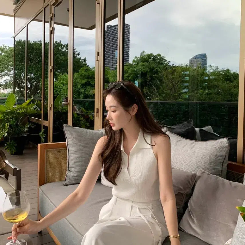 [BUNJANG] [새상품]오브제스트 골지 카라 니트 나시 홀터 나시 블랙,브라운,화이트 / [새상품]오브제스트 골지 카라 니트 나시 홀터 나시 블랙,브라운,화이트