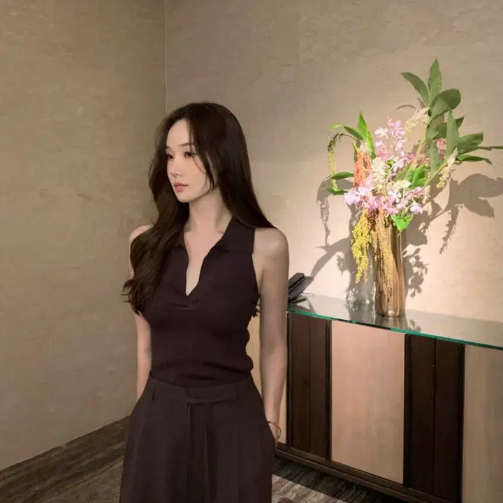 [BUNJANG] [새상품]오브제스트 골지 카라 니트 나시 홀터 나시 블랙,브라운,화이트 / [새상품]오브제스트 골지 카라 니트 나시 홀터 나시 블랙,브라운,화이트