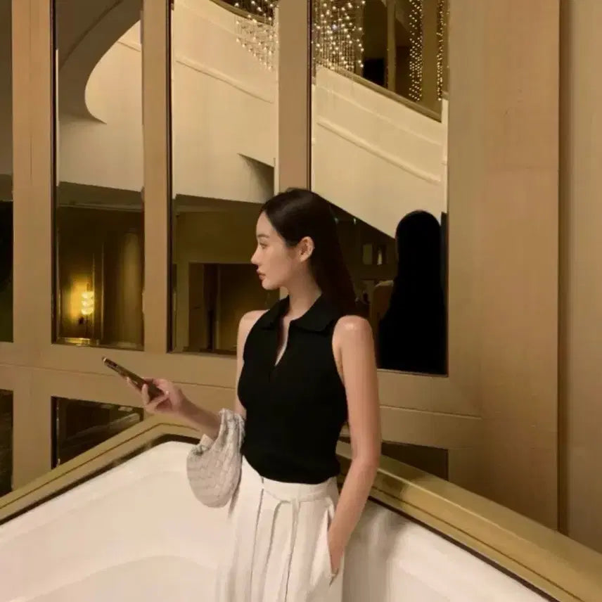 [BUNJANG] [새상품]오브제스트 골지 카라 니트 나시 홀터 나시 블랙,브라운,화이트 / [새상품]오브제스트 골지 카라 니트 나시 홀터 나시 블랙,브라운,화이트