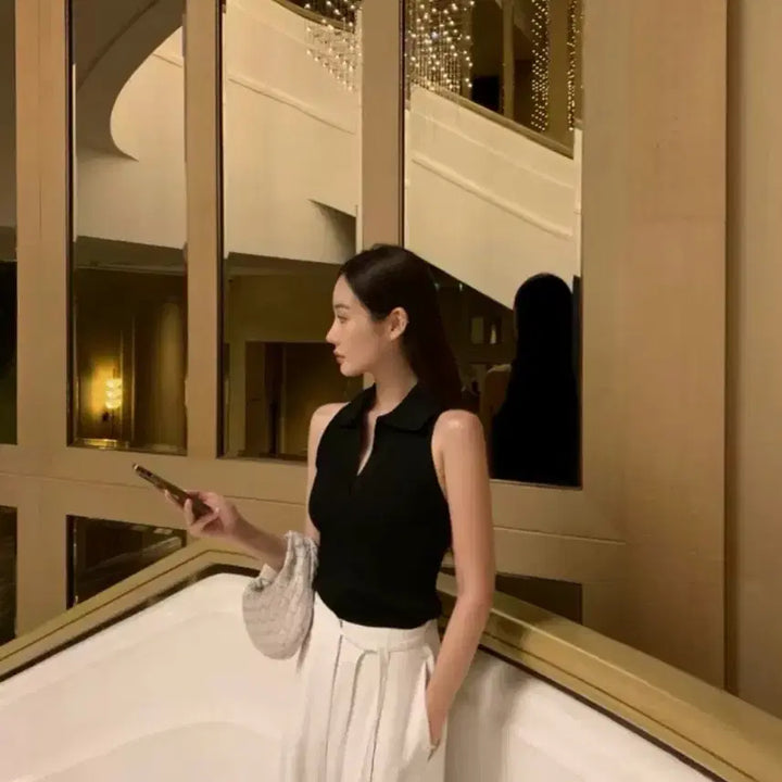[BUNJANG] [새상품]오브제스트 골지 카라 니트 나시 홀터 나시 블랙,브라운,화이트 / [새상품]오브제스트 골지 카라 니트 나시 홀터 나시 블랙,브라운,화이트