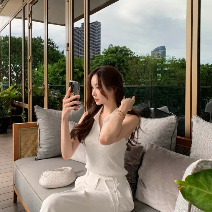 [BUNJANG] [새상품]오브제스트 골지 카라 니트 나시 홀터 나시 블랙,브라운,화이트 / [새상품]오브제스트 골지 카라 니트 나시 홀터 나시 블랙,브라운,화이트