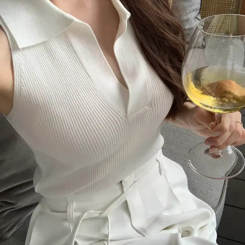 [BUNJANG] [새상품]오브제스트 골지 카라 니트 나시 홀터 나시 블랙,브라운,화이트 / [새상품]오브제스트 골지 카라 니트 나시 홀터 나시 블랙,브라운,화이트