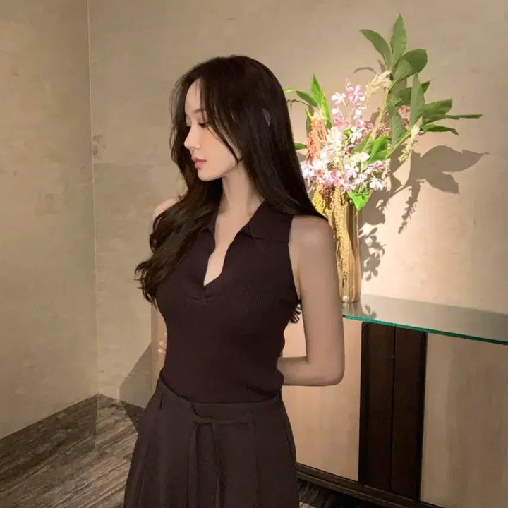 [BUNJANG] [새상품]오브제스트 골지 카라 니트 나시 홀터 나시 블랙,브라운,화이트 / [새상품]오브제스트 골지 카라 니트 나시 홀터 나시 블랙,브라운,화이트