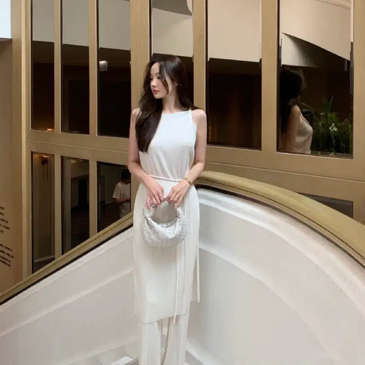 [BUNJANG] Obzest Pleated Long Tank Dress and Pants Set / [새상품]오브제스트 플리츠 롱 나시 원피스 팬츠 세트 셋업 바캉스룩 격식