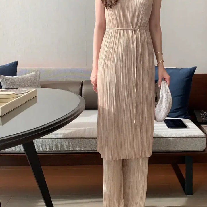 [BUNJANG] Obzest Pleated Long Tank Dress and Pants Set / [새상품]오브제스트 플리츠 롱 나시 원피스 팬츠 세트 셋업 바캉스룩 격식