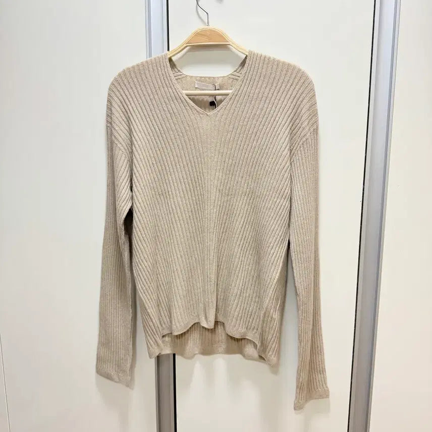 [BUNJANG] MARAN Cashmere Wool V-Neck Ribbed Knit Beige Top / 새상품) MARAN 마랑 캐시미어울 브이넥 골지 니트 베이지 긴팔 리브드