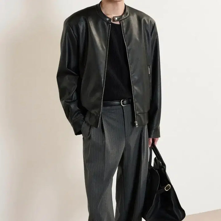 [BUNJANG] TNGT Black Leather Jacket / 티엔지티(TNGT) 블랙 레더 가죽 자켓