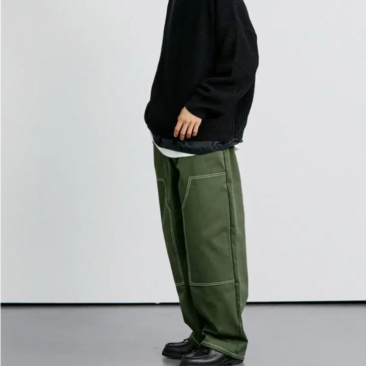 [SOLD OUT] 케이엔드 히로이 더블니 와이드 팬츠 카키