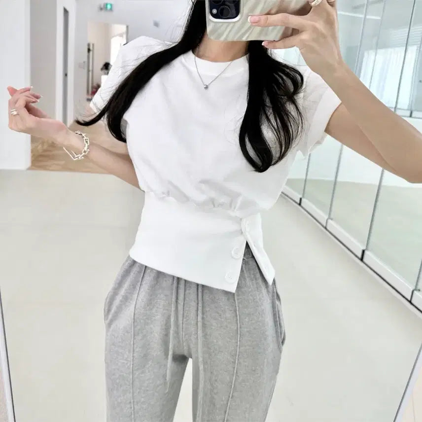 [BUNJANG] Ably Holly Crop Top T-shirt / 에이블리 홀리 반팔 단추 크롭 트임 허리잘록 버튼 맨투맨 티셔츠 국내