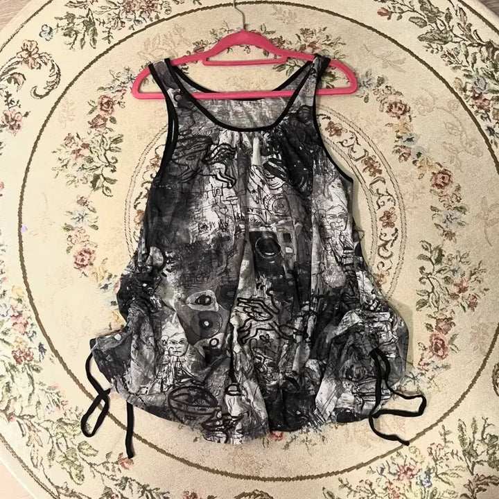 [BUNJANG] Y2K Black Shirring Sleeveless Sheer Mini Dress / y2k 시스루 블랙 셔링 슬리브리스 나시 원피스