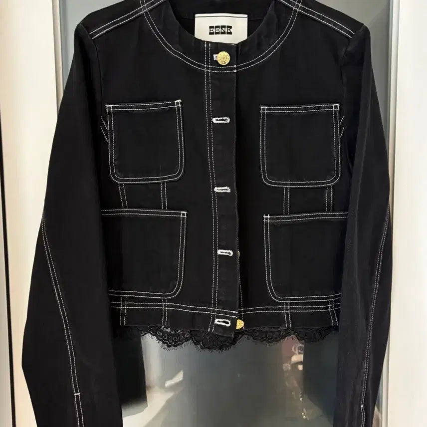 [BUNJANG] EENK Black Denim Lace Crop Jacket / EENK 블랙 데님 레이스 크롭 자켓