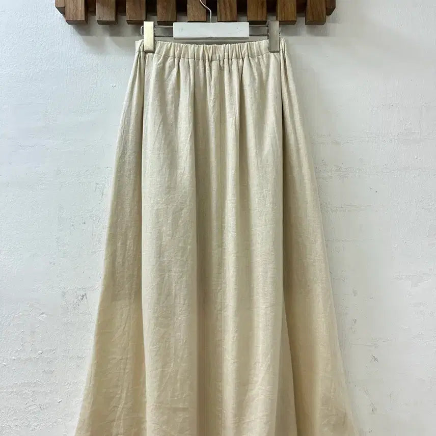 [BUNJANG] Vintage Linen Blend Flare Midi Skirt / 일본빈티지 린넨 혼방 플레어 밴딩 롱 스커트