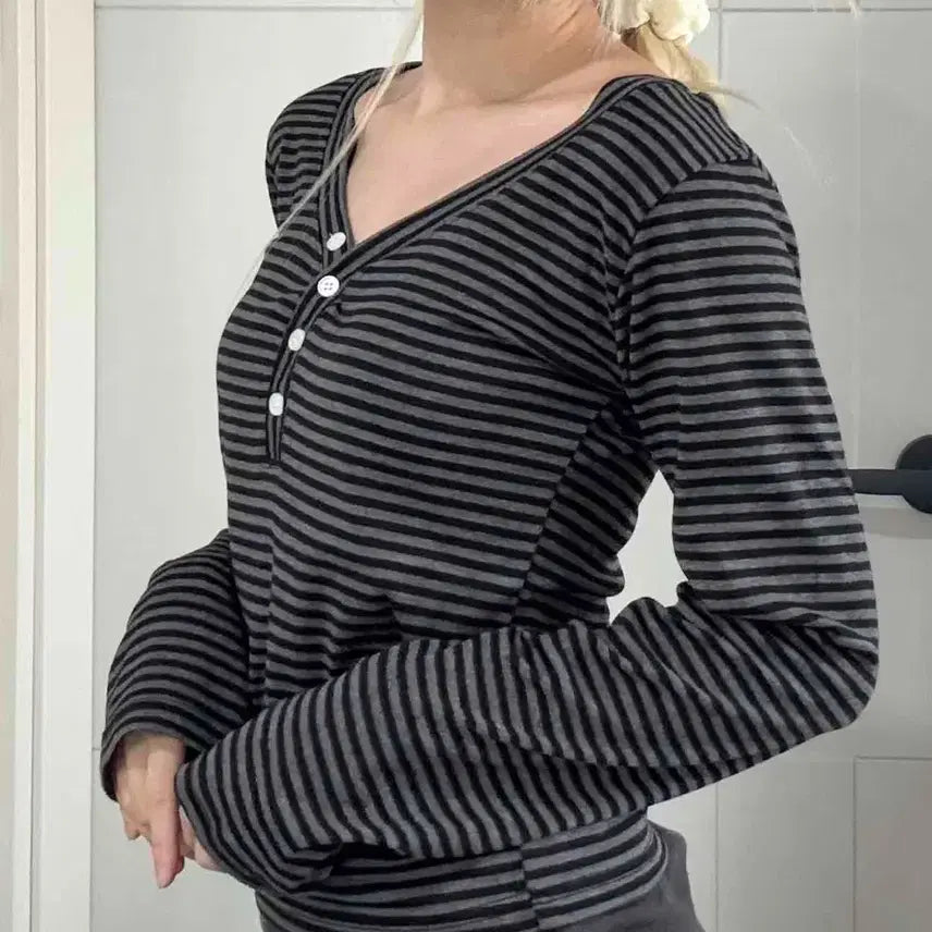 [BUNJANG] Two-Way Stripe Long Sleeve T-Shirt / 투웨이 스트라이프 긴팔 티셔츠