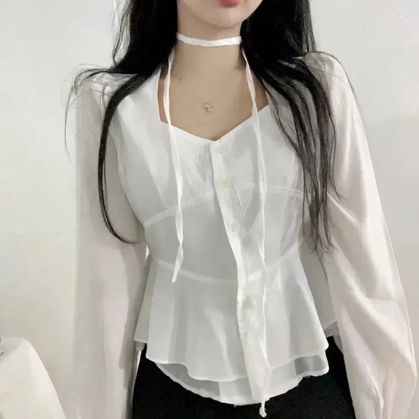 [BUNJANG] Ruffle Chiffon Blouse with Tie Set / 타이set 러플 쉬폰블라우스